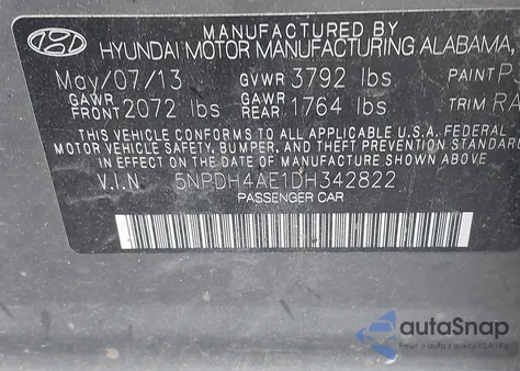 2013 Hyundai Elantra Gls z USA, uszkodzony, nr VIN 5NPDH4AE1DH342822